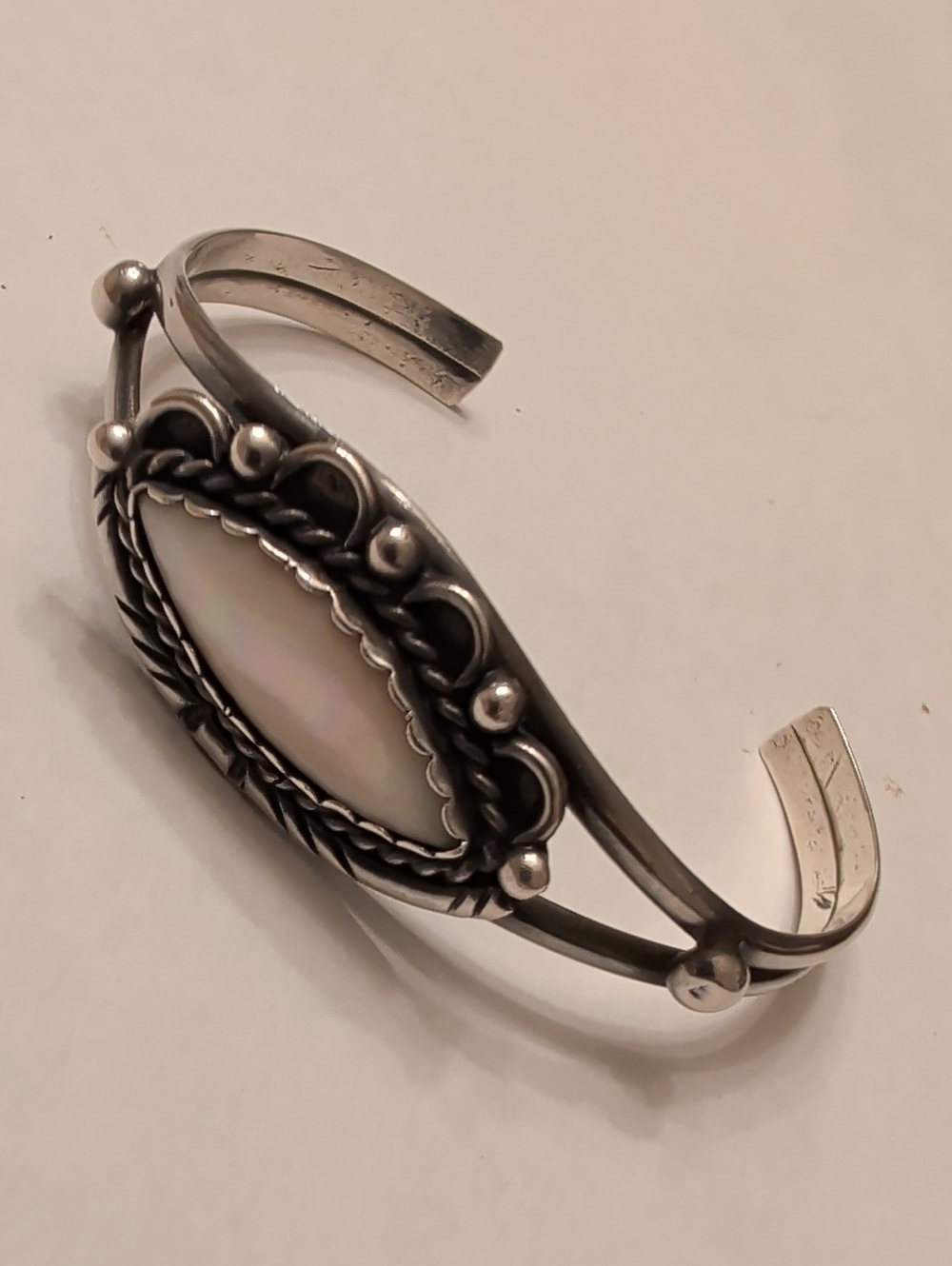 Vintage Sterling Silver Cuff Bracelet with Iridescent Mother-of-Pearl